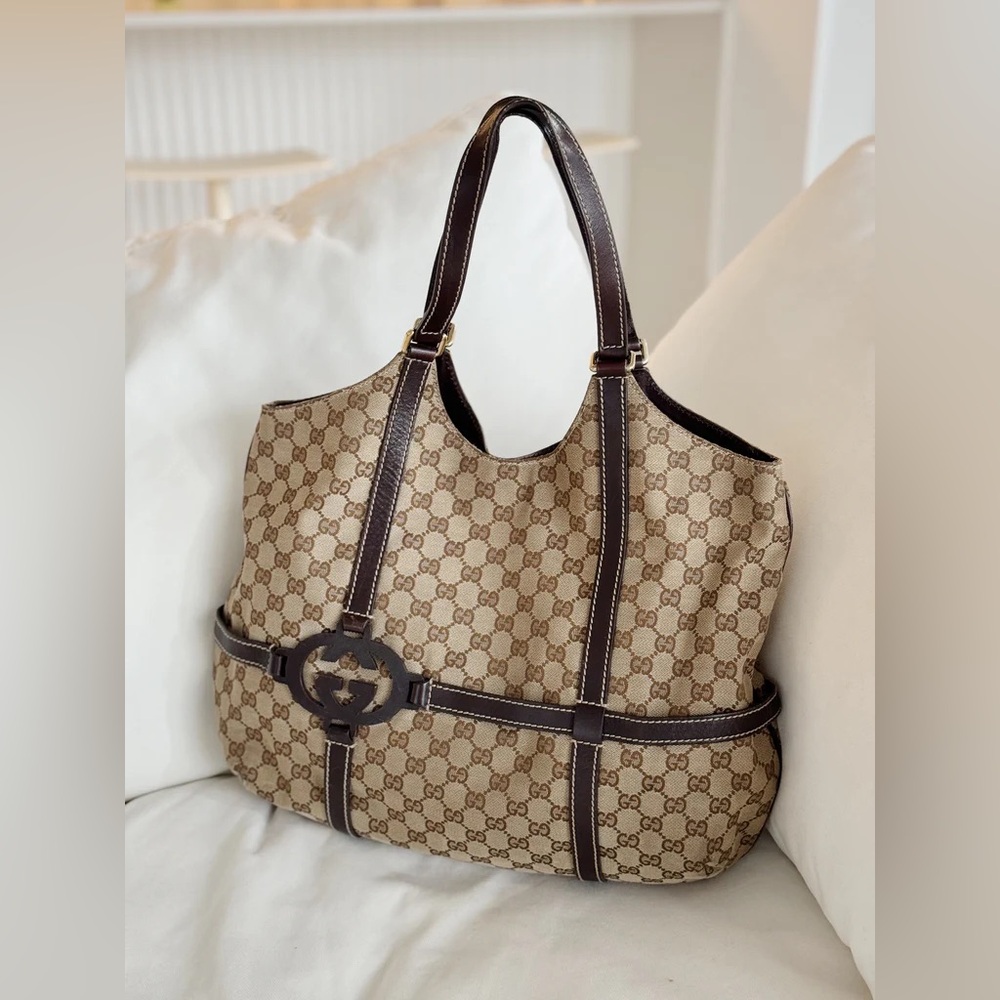 Gucci Royal Canvas Leather Hobo Tote Bag Dark Brown Monogram Timeless Designer - Picture 3 of 16